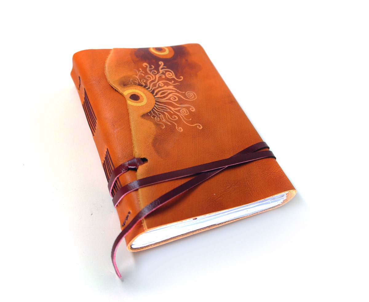 Solar Journal - Hand Painted Leather Journal - Orange Hand Bound Leather Cover Notebook, Diary
