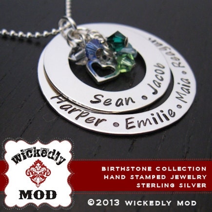 Mom Jewelry - Birthstone Jewelry - Mother Necklace -Birthstone Necklace - JOCELYN mother personalized necklace w 6 crystals & heart charm