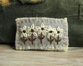 Brooch with Hand Embroidered White Flowers on Light Grey Linen