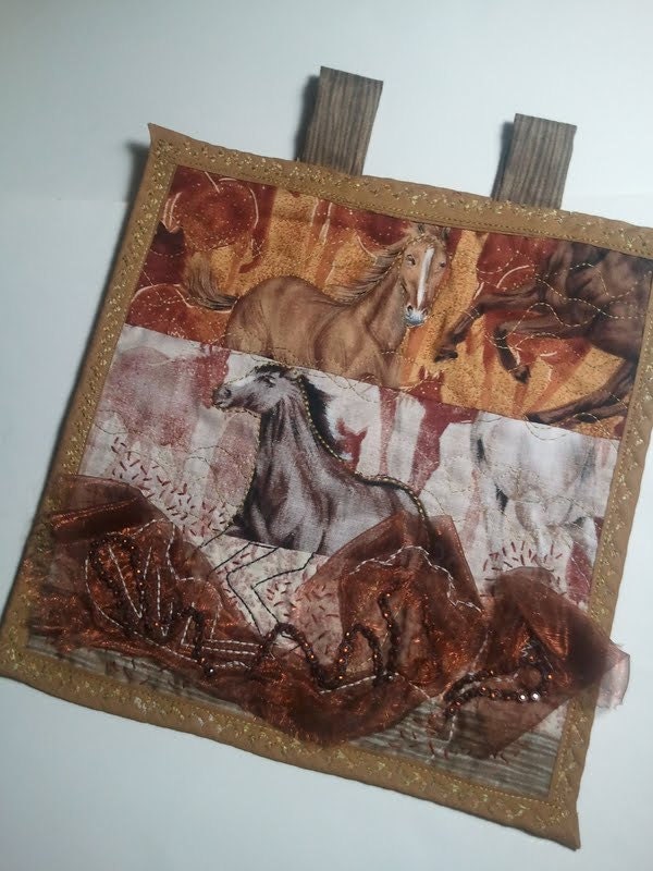 Horses Dusty Trail Textile Art - mini quilt, crazy quilt, collage, wall art