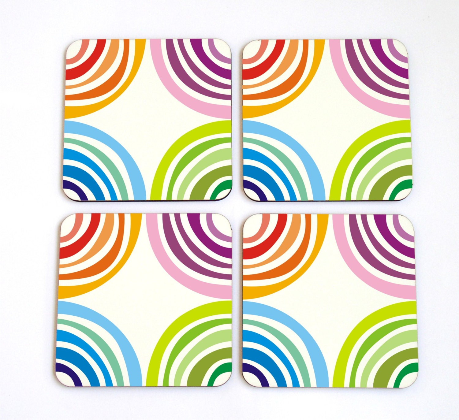 set of four coasters rainbow colorful circles swirls geometric decor kitchen hostess home decor gift idea under 25