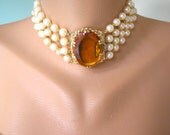 Backdrop Necklace, Swarovski Elements, Pearl Bridal Necklace, Wedding Jewelry, Statement Necklace, Upcycled Vintage, Handmade