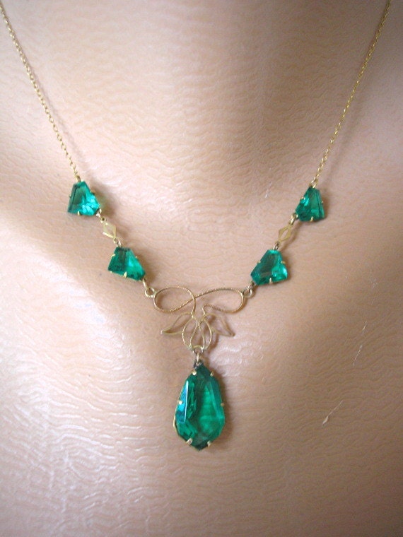 Rhinestone Necklace, Emerald Green Necklace, Deco, Rhinestone Bridal Necklace, Green Necklace, Vintage Rhinestone Necklace, Bridal Jewelry