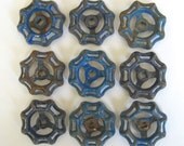 9 vintage faucet handles, valve handles, metal faucet knobs, steampunk water knobs, blue, group 264