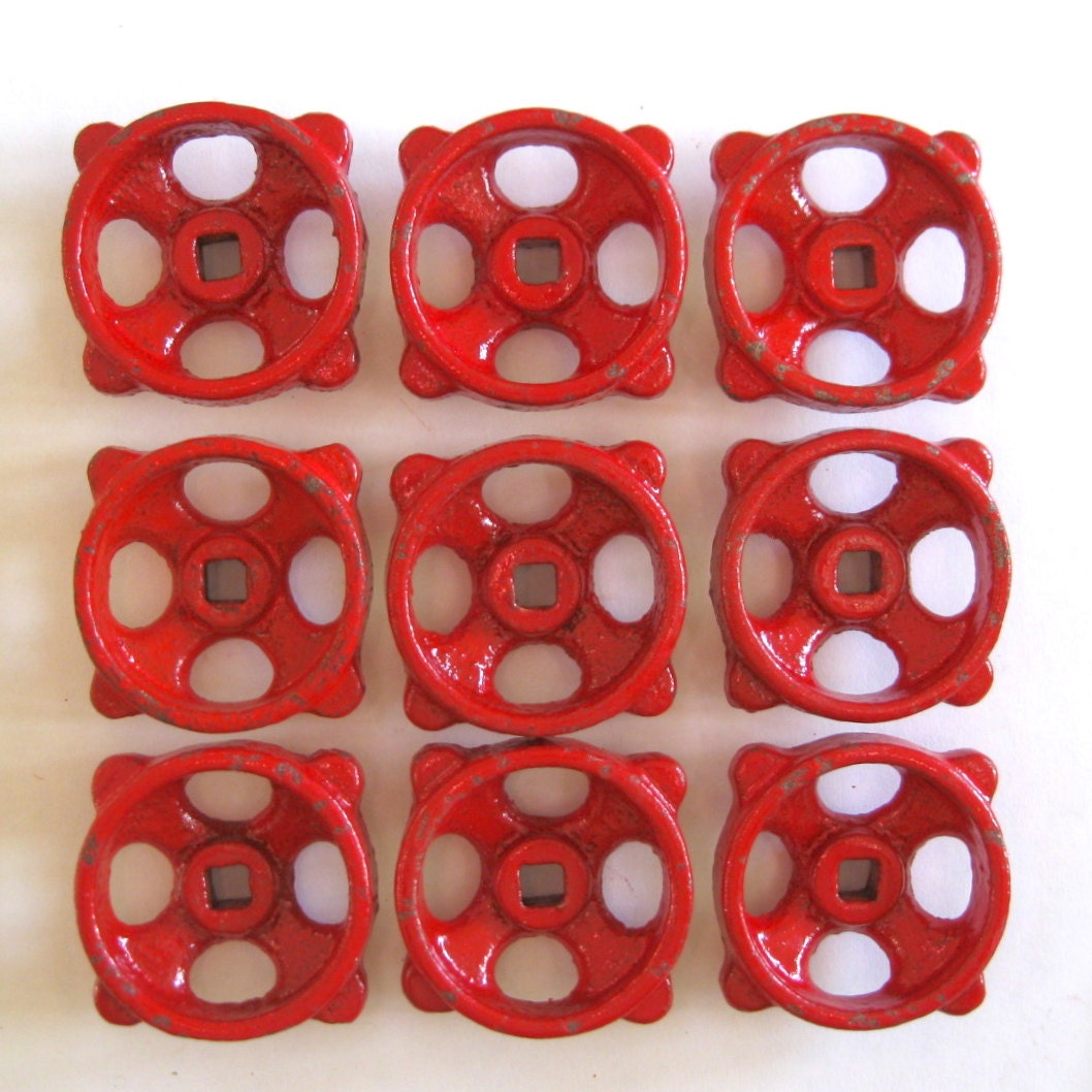 vintage faucet handles, vintage valve handles, cottage red, spigot handles, 216, red water knobs, garden faucet knobs