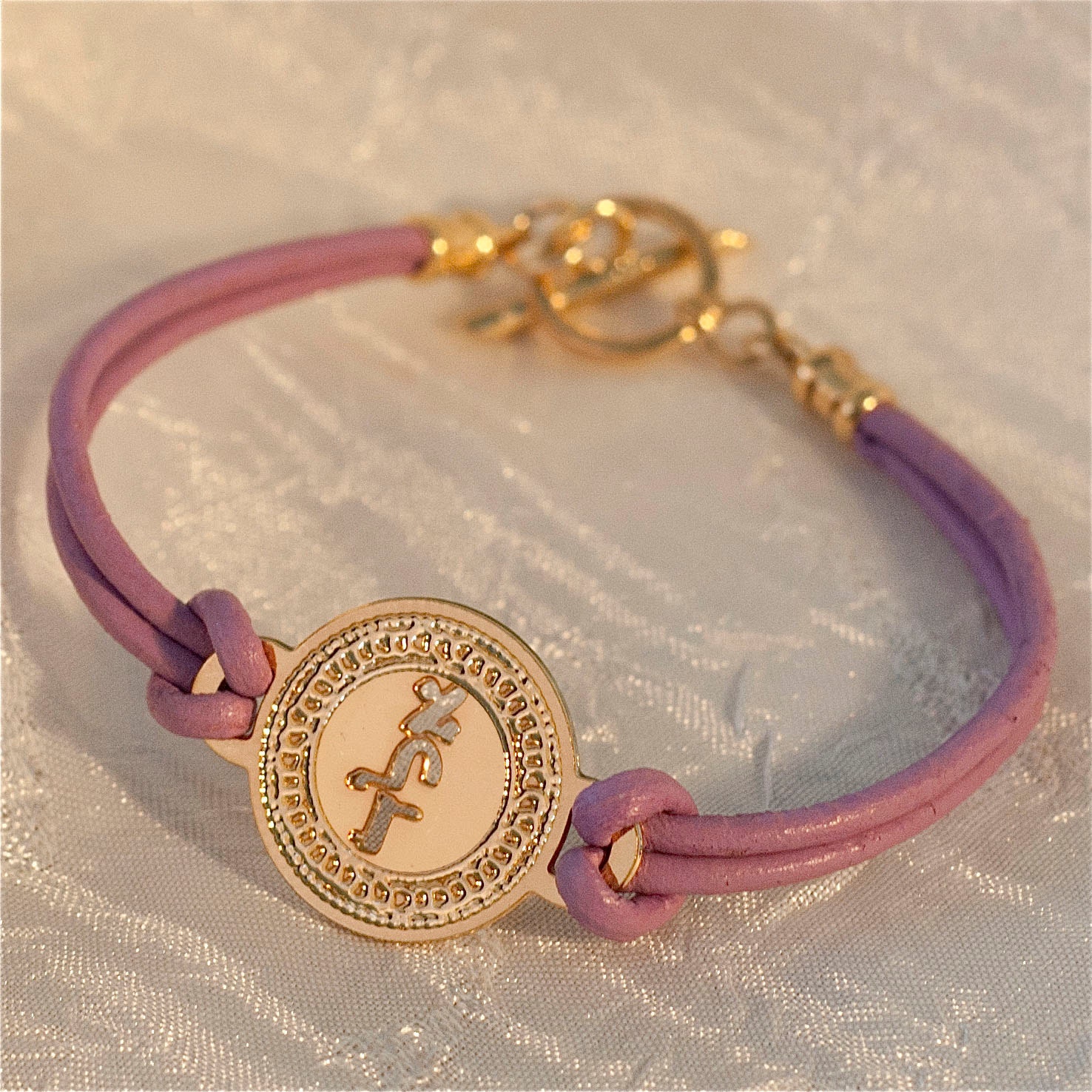 Kabbalah jewelry - gold coin on Light Purple leather - Micro Macrame- Judaica - gold bracelet- leather bracelet
