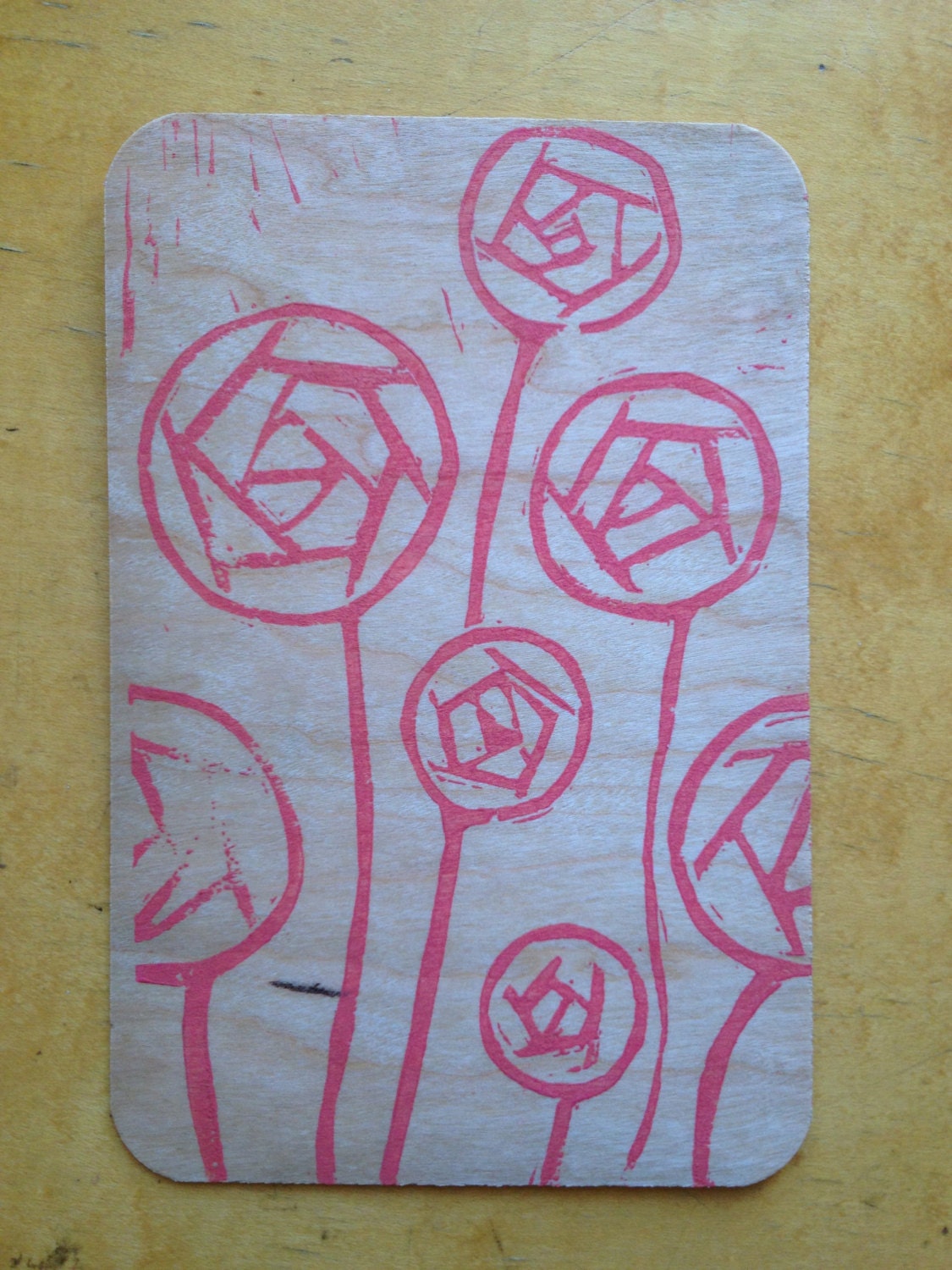 Wood Greeting Card, 'Abstract Roses' in Coral on Cherry