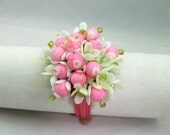 Pink statement bracelet, wristlet, desert flower corsage, vintage watchband with stones and flower beads, pink and green