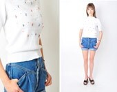 White Floral Embroidered Sweater Cropped Vintage SM