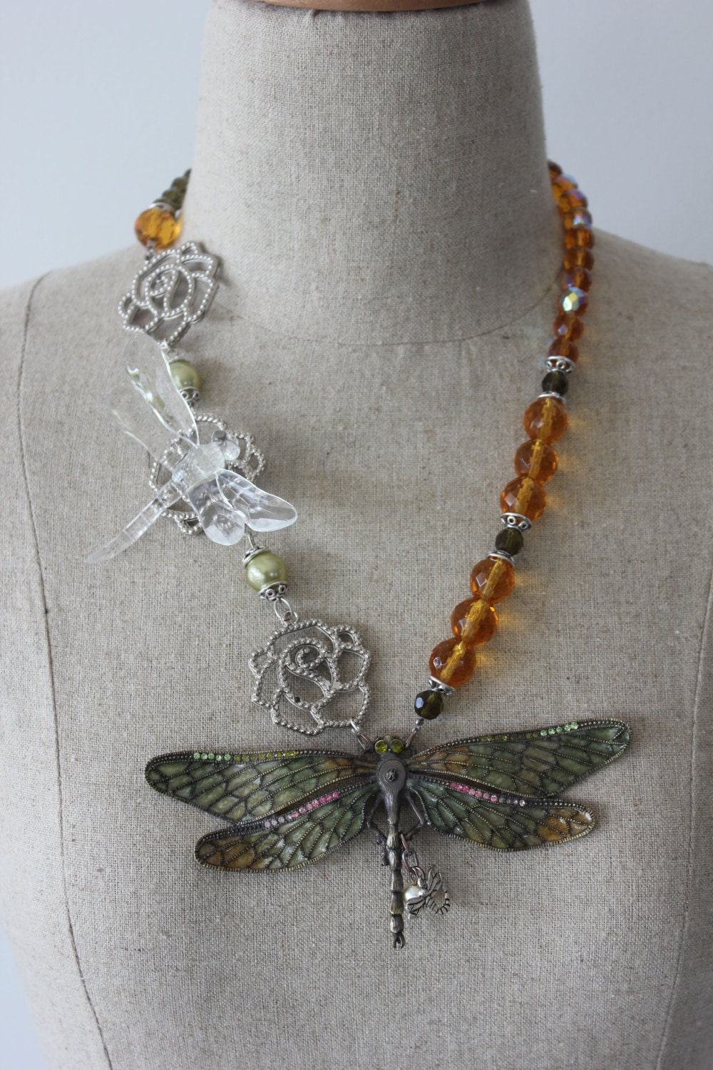 Asymmetrical Dragonfly Daze Flower and Crystal Green and Brown Statement Necklace