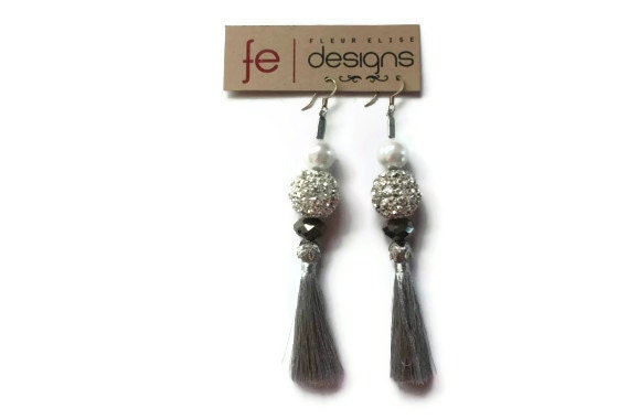 Statement Silver Tassel Earrings with Crystal Rhinestone Balls, Pearls and Silver Crystals
