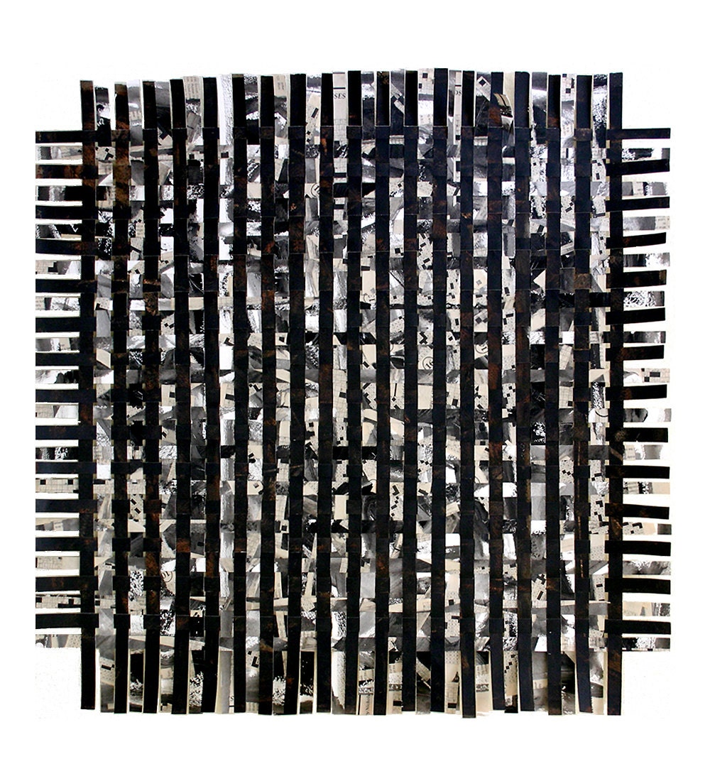 Large Black White Weaving- Original Woven Abstract Mixed Media Collage- 23x23- Contemporary Upcycled Art