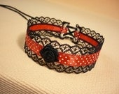 Pin Up Polka Dot Choker with Lace, Black Red White Rockabilly Necklace, Gothic Lolita Neck Piece, Halloween,Kawaii