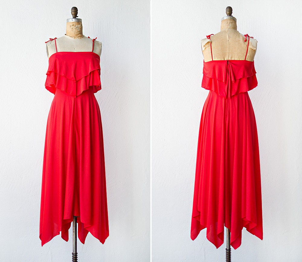 Vintage 1970s bright red hankie hem maxi dress / vintage 70s dress / red summer dress