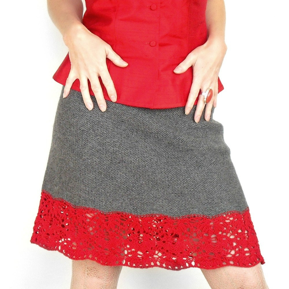 Anita Lace Skirt Grey Hand Knit Andean Wool Red Linen
