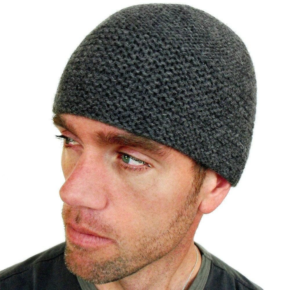 Grey Mens Beanie Harold Hat Hand Knit Andean Wool Cap M L Gift Bag