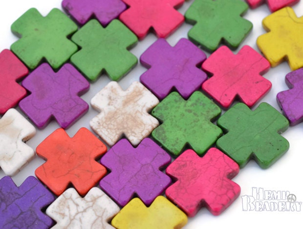 Cross Beads, 25mm, Full Strand, 16 Beads, Multi Color Crosses, Howlite Stone Beads, Cross Pendants, Jewelry Crosses