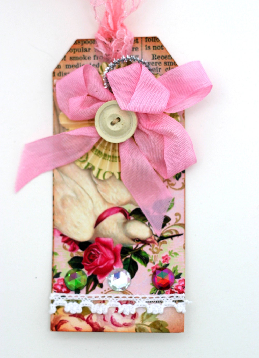 Shabby Garden Bird Art Tag Handmade  OOAK