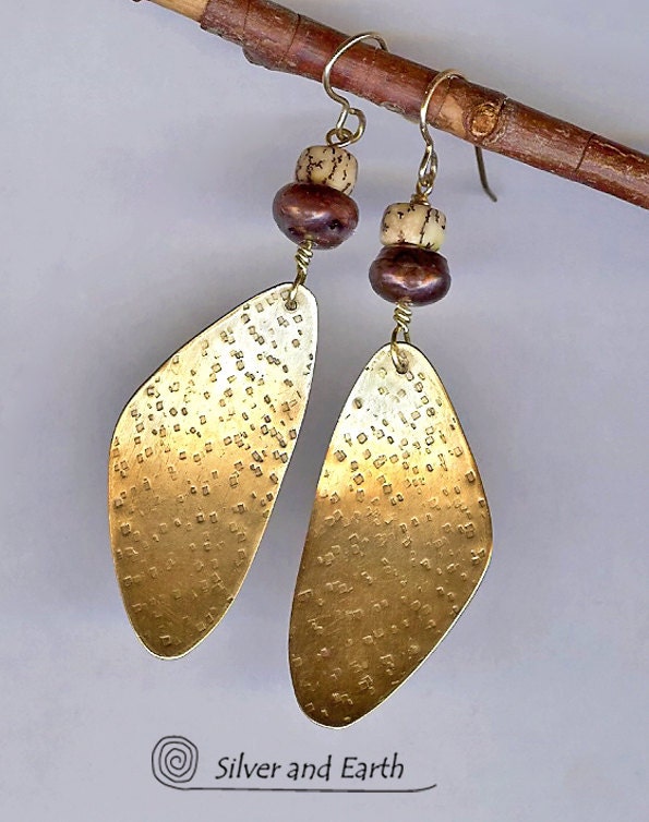 Gold Brass Earrings w- Organic Texture, Copper Pearls, Buri Nut Beads - Handcrafted Artisan Metalwork Earrings - Gold Dangle Earrings