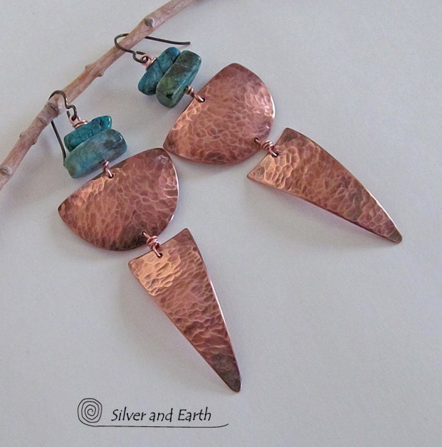 Big Bold Earrings, Long Copper Dangle Earrings with Chrysocolla, Bold Exotic Earrings, Modern Tribal Boho Gypsy Jewelry, Statement Earrings