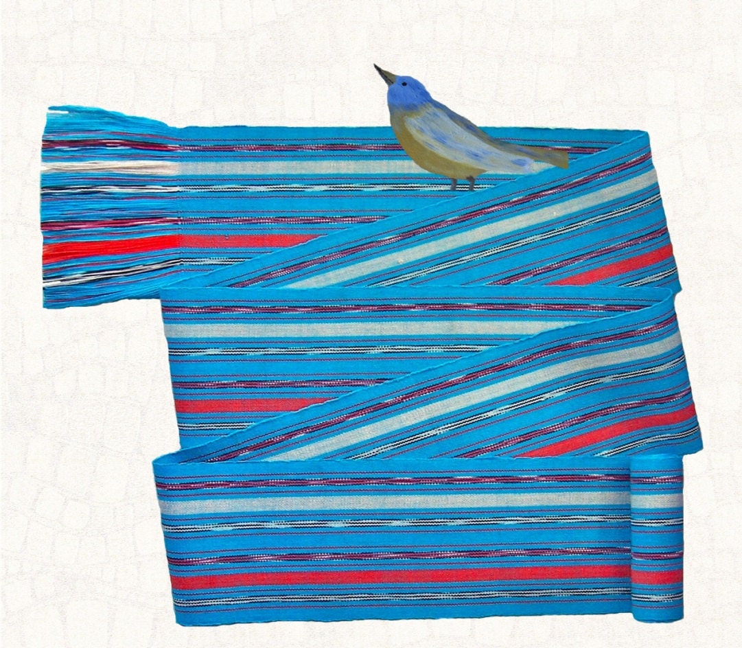 Turquoise Red White Blue Ikat Sash cotton fabric belt Southwest Summer Ethnic Boho Hippie gathering accessory no.24