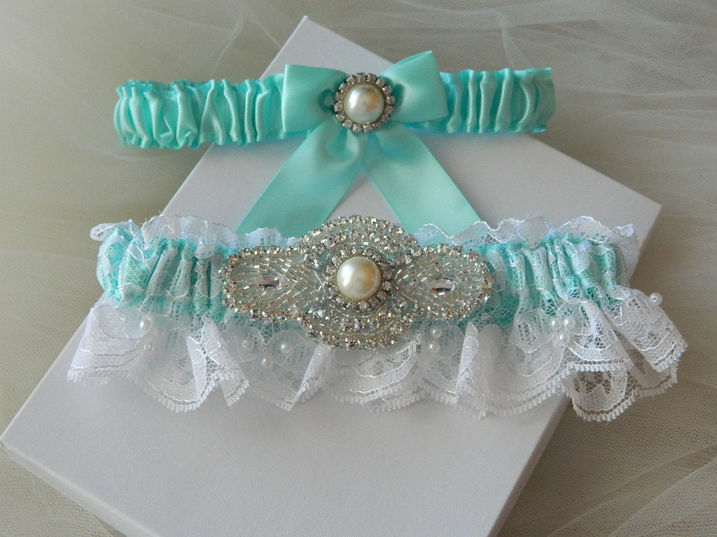 Wedding Garter Set Tiffany Blue With White Chantilly Lace And Rhinestone Embellishment