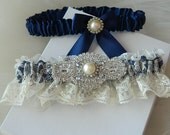 Wedding Garter Set Navy Blue With Ivory Chantilly Lace And Rhinestone Embellishment