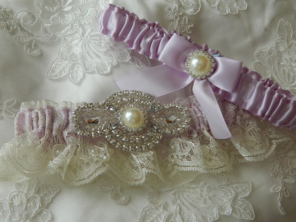 Wedding Garter Set Lavender  Satin With Ivory Chantilly Lace Pearl And Rhinestone Embellishment