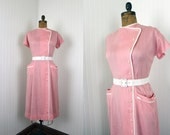 1950s Dress - Vintage 50s Dress - Pink and White Rayon Bombshell Party L - Candy Crush