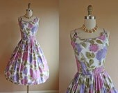 1950s Dress - Vintage 50s Dress - Roses Cotton Full Skirt Party Princess Sundress - Extra Sugar