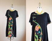 Vintage Peacock Feather Dress - Rayon Novelty Print Tent Dress S M - Chinoiserie