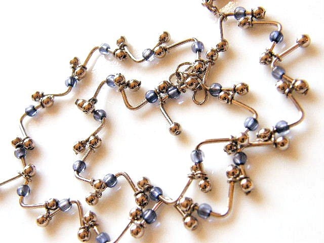 Vintage Delicate Choker Necklace with V-Bar Links, Silver and Blue Seed Beads