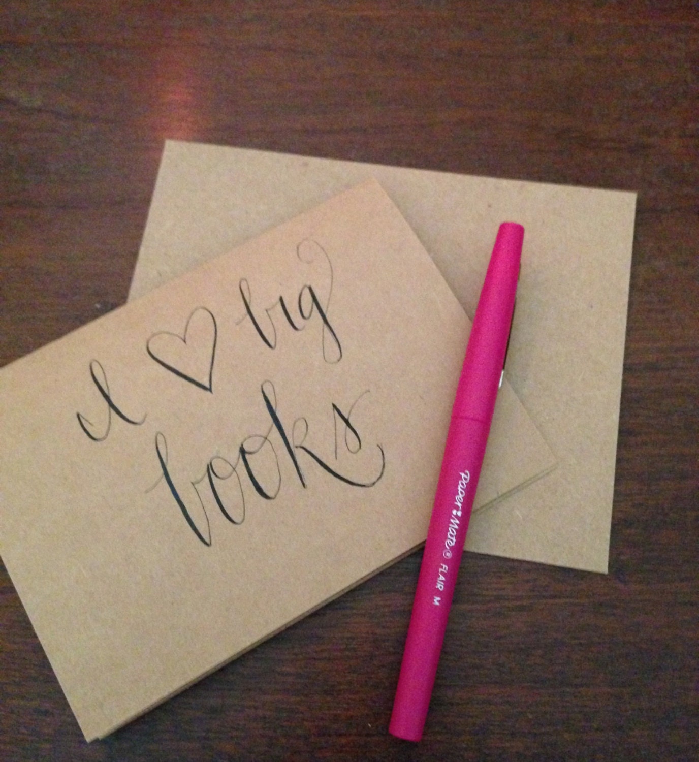 I like big books note cards, set of six with envelopes, hand lettered and illustrated on heavy kraft paper