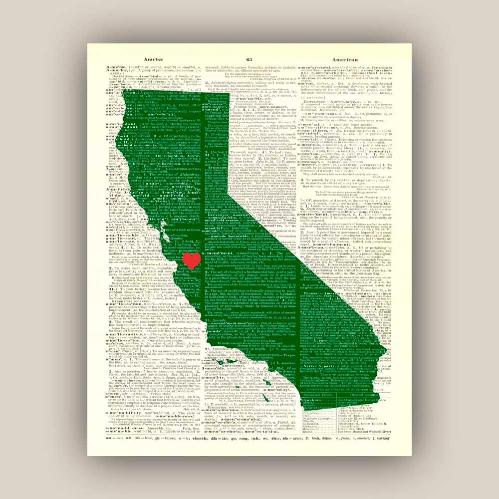 California State Map Art Print, on old dictionary page 11x14 Print, customizable hearted city, map wall art, decorative arts,