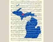 Michigan State Map Art Print, on old sheet music 11x14 Print, customizable hearted city, map silhouette wall art, home decor