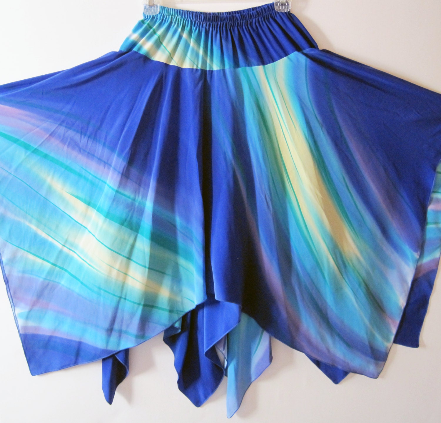 YOLANDA LORENTE hand painted silk skirt artsy asymmetric hem royal blue aqua S small