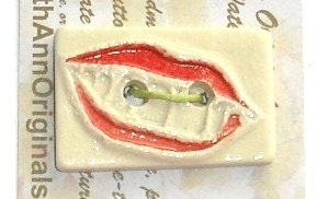 SAY CHEESE handmade ceramic 2 holed button poppy red lipstick 1st Lady's smile pearly whites textured clay by Faith Ann Originals