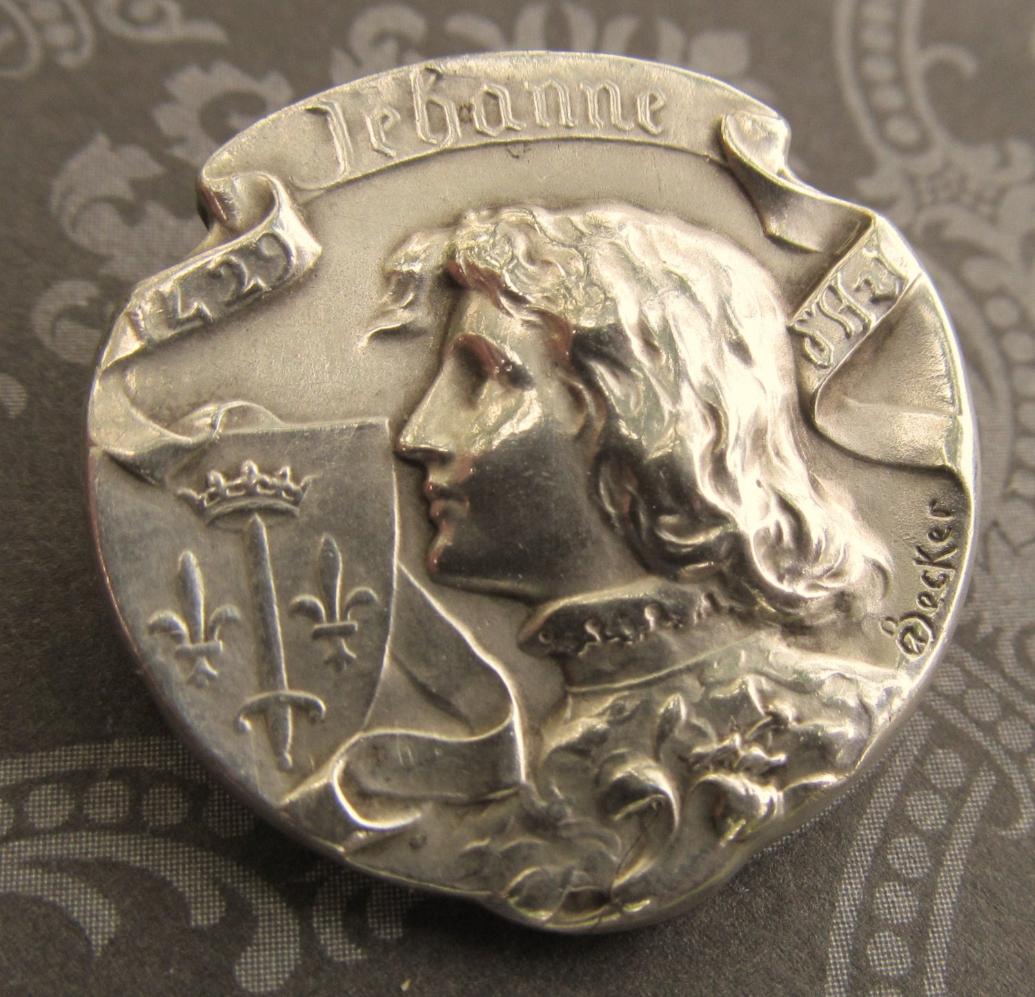 Joan of Arc Religious Brooch French Sterling Silver by Becker Antique Catholic Medal Pin    SS-86