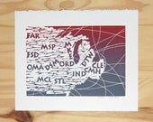 Midwest USA Map for Travelers, Pilots, Flight Attendants - 8x10 Linocut (Red and Gray)