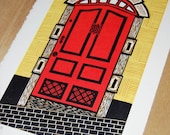 Red Door in Stockholm, Sweden - Scandinavian Design - Limited Edition Linocut Print