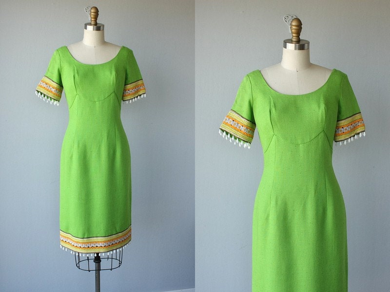 vintage 60s party dress / beaded party sheath dress 1960s / apple green ethnic dress / wiggle dress - size small