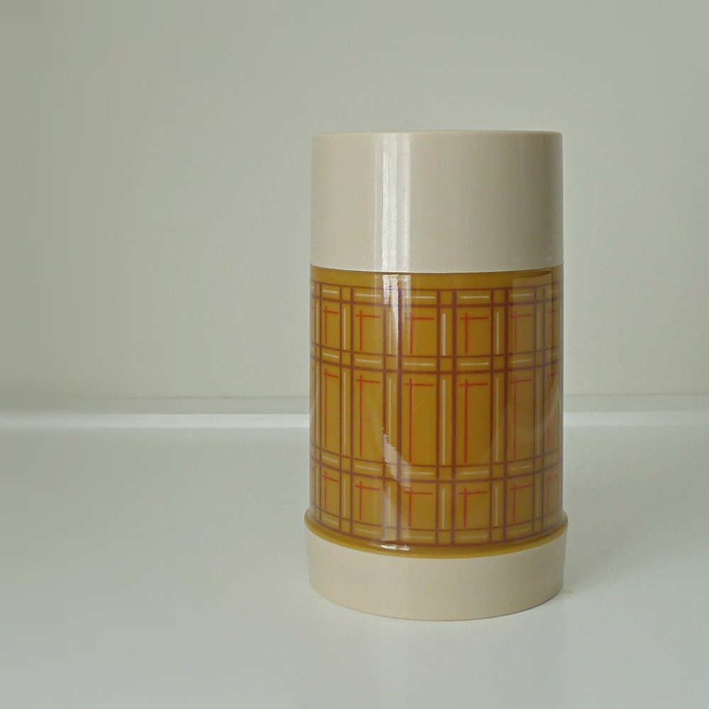 Vintage Plaid Thermos, Aladdin, 3 Piece Set - late 60s / early 70s - kitchen, portable, container, kitsch, retro