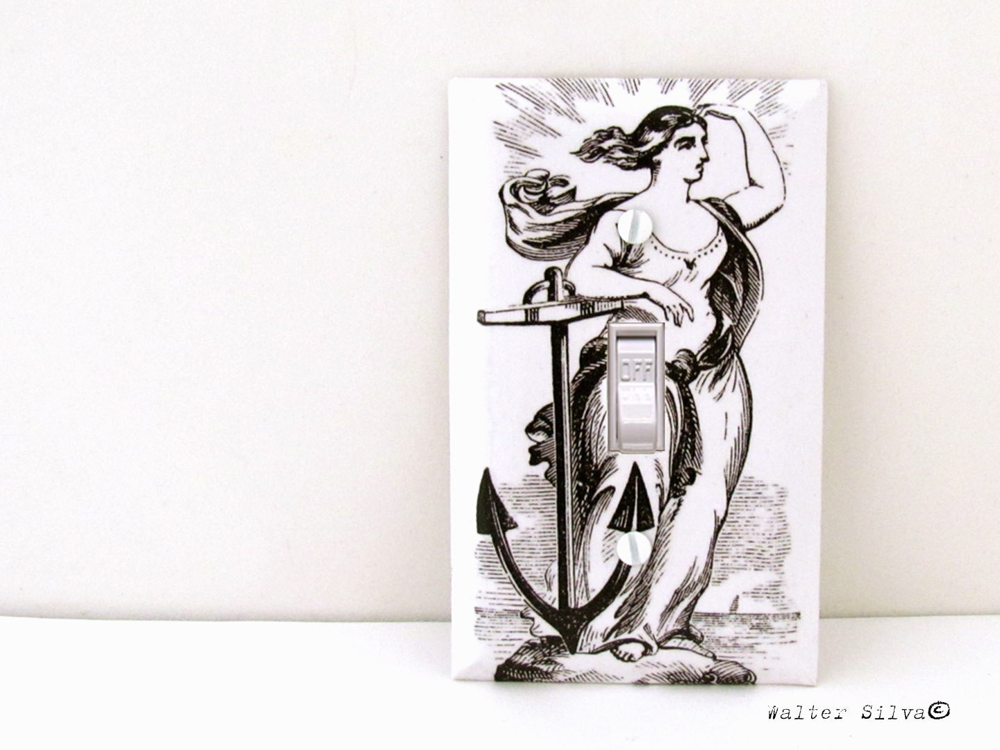 Nautical Goddess with Anchor Decoupaged Light Switch Plate - Beach House Decoration - Decorative switch plates