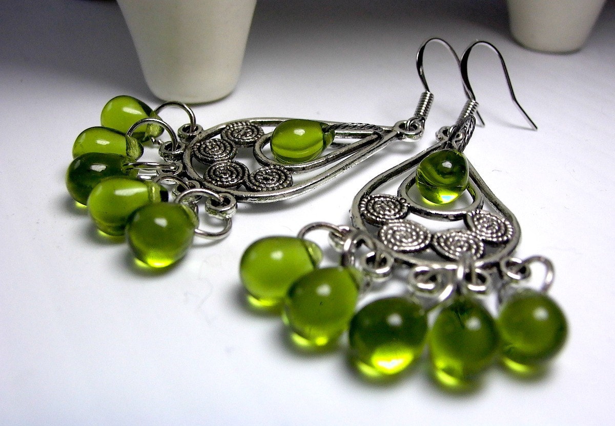 Chandelier Earrings, Boho Chandeliers, Green Glass Teardrop Czech Jewelry Gypsy Hippie Bohemian