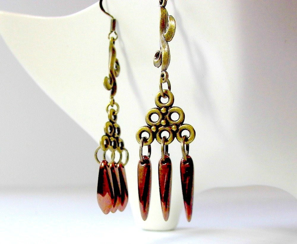 Chandelier Earrings, Art Nouveau Chandeliers, Understated Bronze Metallic Czech Glass Dagger Drops, Boho Gypsy Bohemian Jewelry