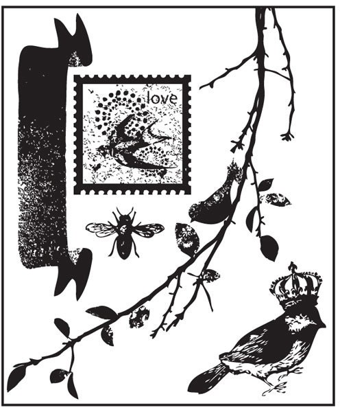 Prima Songbird Clear Stamp Set No. 1 - Item 555030 Bird with Crown Branches Bee Postage Stamp Banner Leaves Embellishment