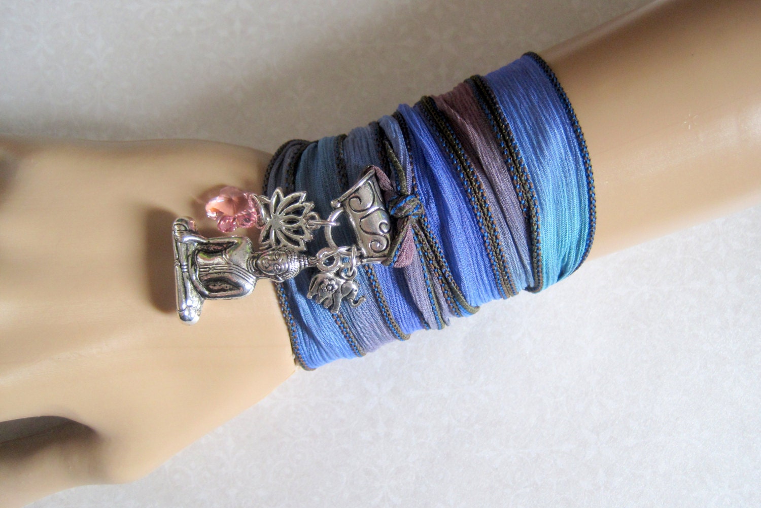 RELAXATION Charm Bracelet Necklace Anklet - Buddha Lotus Elephant Rose Swarovki Crystal Silk Ribbon Yoga Wrap
