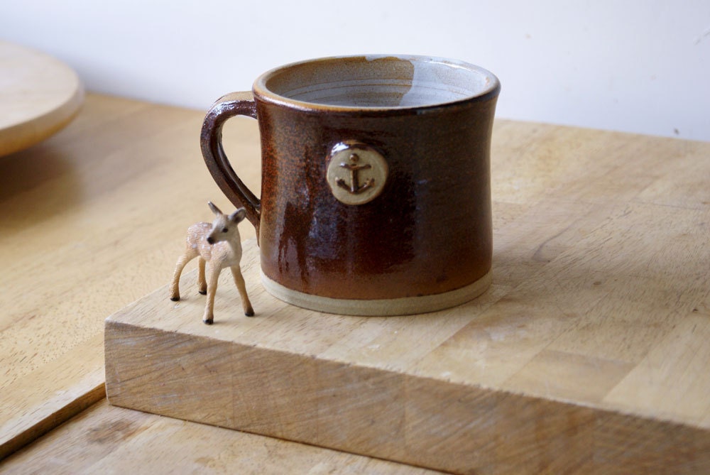 One nautical stoneware mug - hand thrown glazed in red jasper and brilliant white