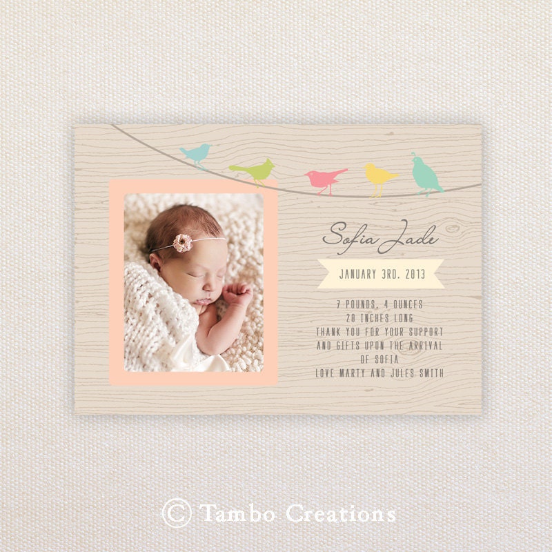 Girls Photo Birth Announcement. Birds on a wire. I Customize, You Print. Il_170x135