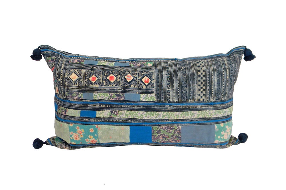 Vintage Patchwork Pillow - Indigo and Turquoise - 14 x 24
